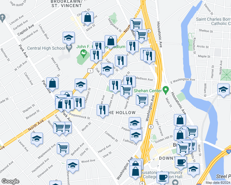 map of restaurants, bars, coffee shops, grocery stores, and more near 16 Oak Street in Bridgeport
