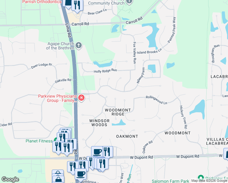 map of restaurants, bars, coffee shops, grocery stores, and more near 11121-11129 Bushnell Court in Fort Wayne