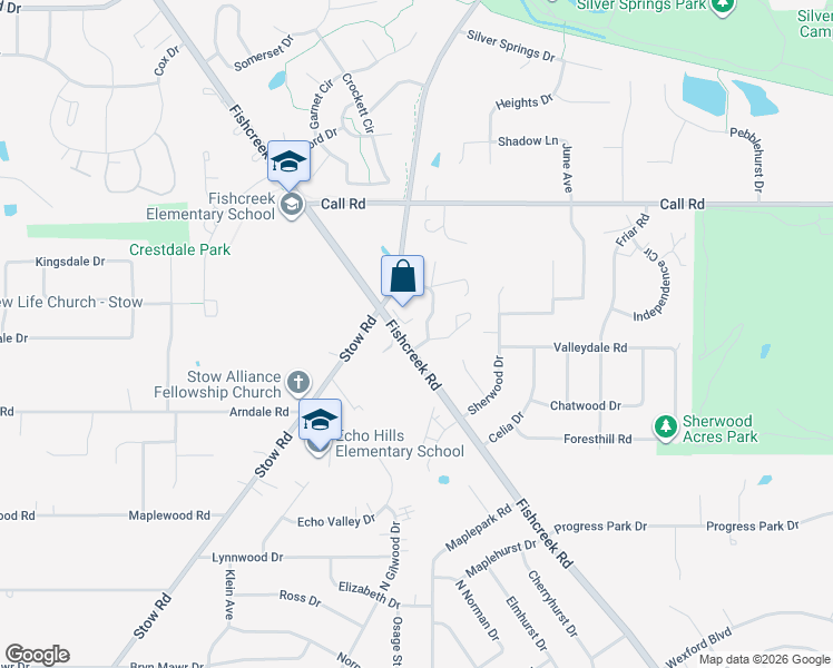 map of restaurants, bars, coffee shops, grocery stores, and more near 4903 Fishcreek Road in Stow