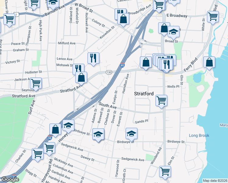 map of restaurants, bars, coffee shops, grocery stores, and more near 153 Johnson Court in Stratford