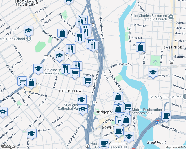 map of restaurants, bars, coffee shops, grocery stores, and more near 30 Center Street in Bridgeport