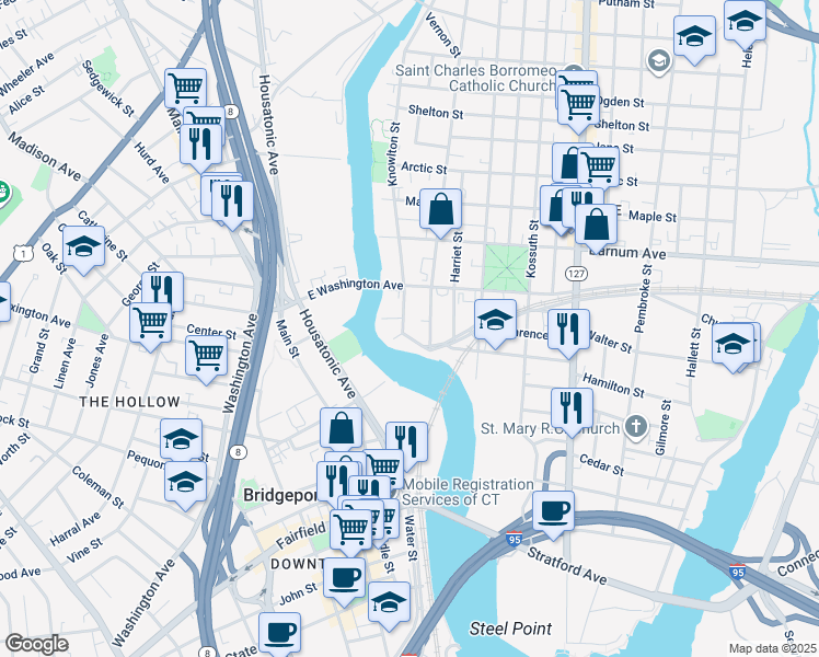 map of restaurants, bars, coffee shops, grocery stores, and more near 131 Knowlton Street in Bridgeport