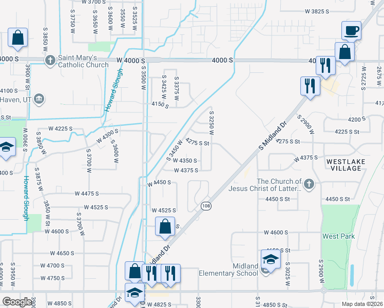 map of restaurants, bars, coffee shops, grocery stores, and more near 4324 South 3350 West in West Haven
