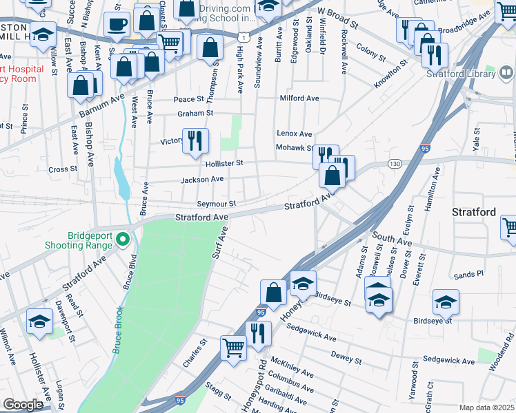map of restaurants, bars, coffee shops, grocery stores, and more near 24 Soundview Avenue in Stratford