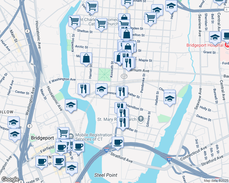 map of restaurants, bars, coffee shops, grocery stores, and more near 224 Crescent Avenue in Bridgeport