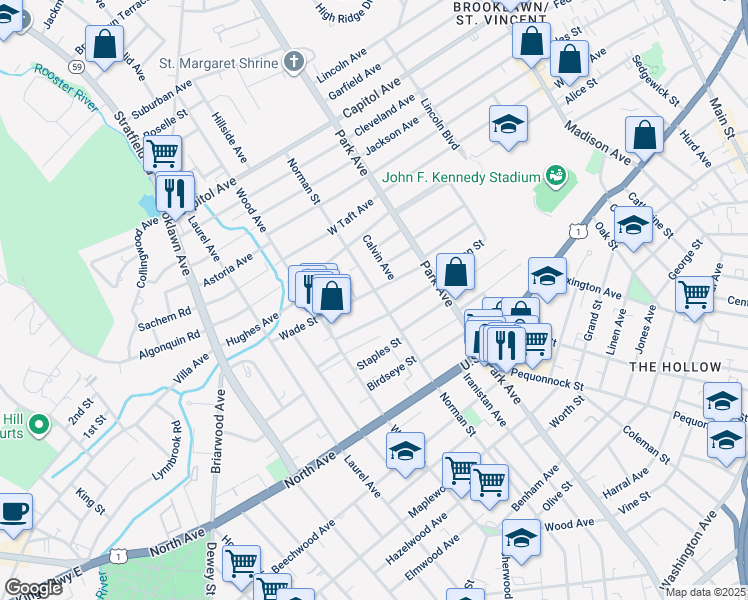 map of restaurants, bars, coffee shops, grocery stores, and more near 1371 Norman Street in Bridgeport