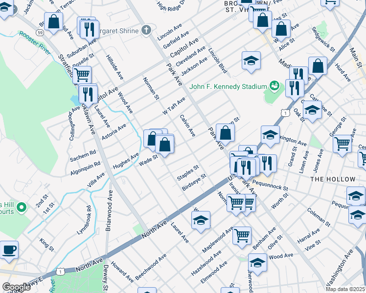 map of restaurants, bars, coffee shops, grocery stores, and more near 1371 Norman Street in Bridgeport