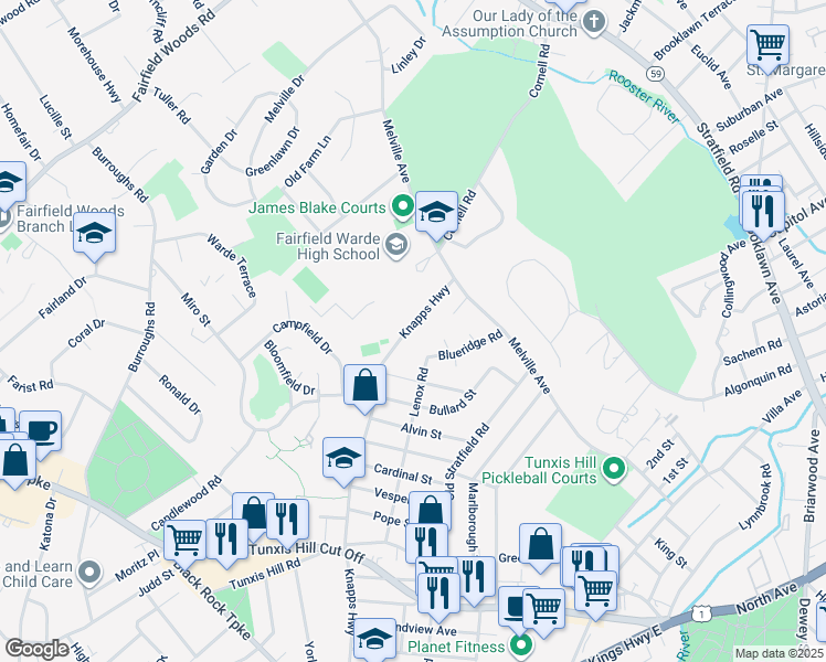 map of restaurants, bars, coffee shops, grocery stores, and more near 100 Knapps Highway in Fairfield