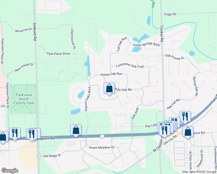map of restaurants, bars, coffee shops, grocery stores, and more near 11025 Oak Briar Court in Fort Wayne