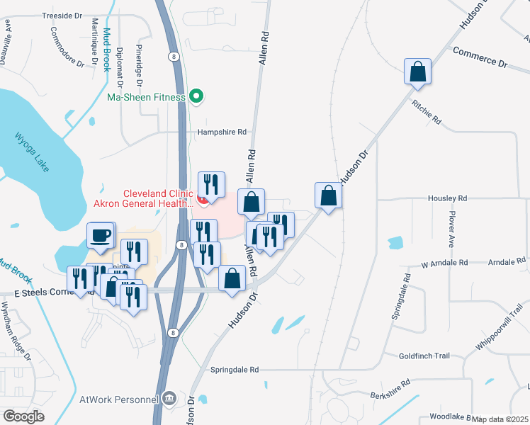map of restaurants, bars, coffee shops, grocery stores, and more near 4291 Allen Road in Stow