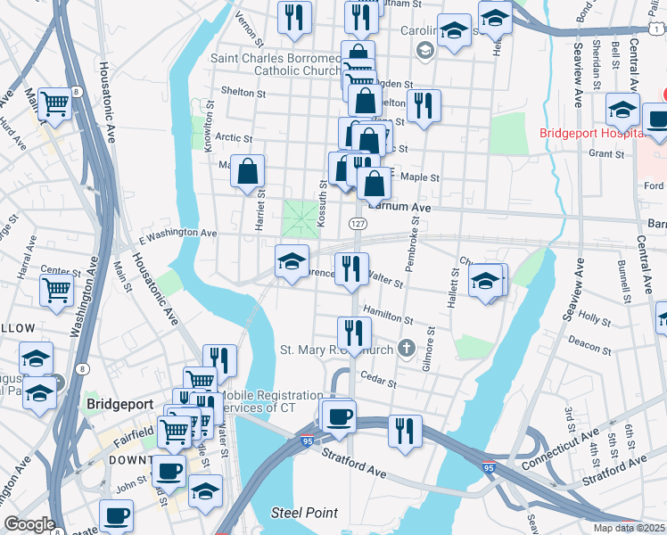 map of restaurants, bars, coffee shops, grocery stores, and more near 224 Crescent Avenue in Bridgeport