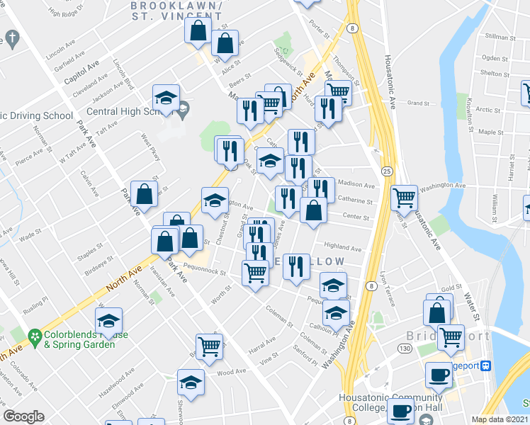 map of restaurants, bars, coffee shops, grocery stores, and more near 224 Linen Avenue in Bridgeport