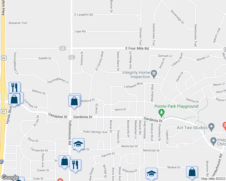 map of restaurants, bars, coffee shops, grocery stores, and more near 7243 Bomar Drive in Cheyenne
