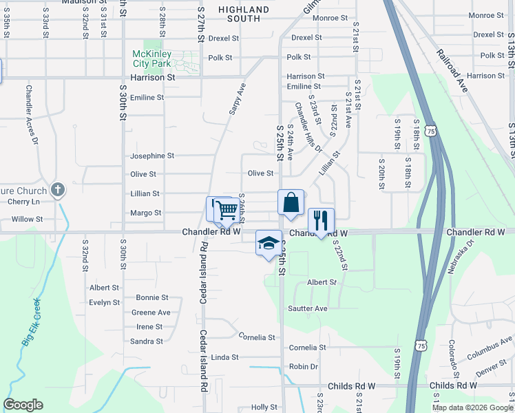 map of restaurants, bars, coffee shops, grocery stores, and more near 2515 Lillian Street in Bellevue
