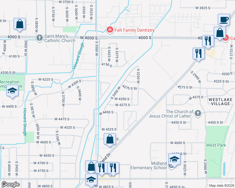 map of restaurants, bars, coffee shops, grocery stores, and more near 4322 South 3450 West in West Haven