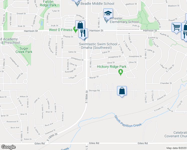 map of restaurants, bars, coffee shops, grocery stores, and more near 7413 South 179th Street in Omaha