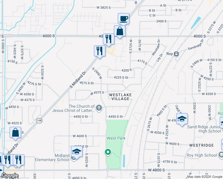 map of restaurants, bars, coffee shops, grocery stores, and more near 2845 4275 South Street in Roy