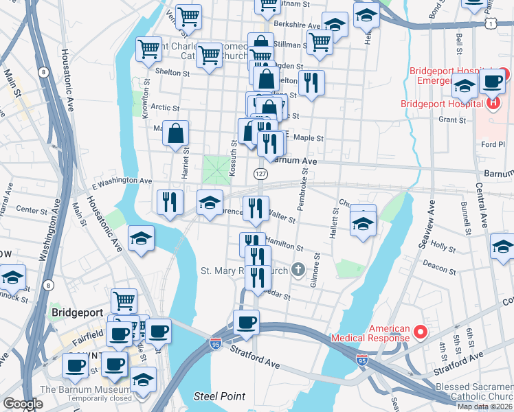 map of restaurants, bars, coffee shops, grocery stores, and more near 752 East Main Street in Bridgeport
