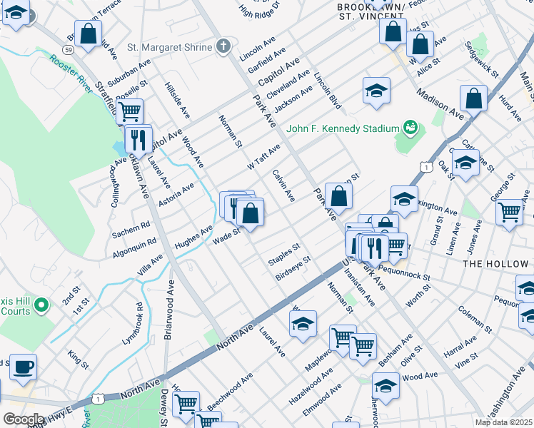map of restaurants, bars, coffee shops, grocery stores, and more near 1371 Norman Street in Bridgeport