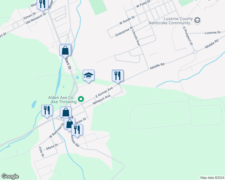 map of restaurants, bars, coffee shops, grocery stores, and more near 108 E Kirmar Ave in Nanticoke