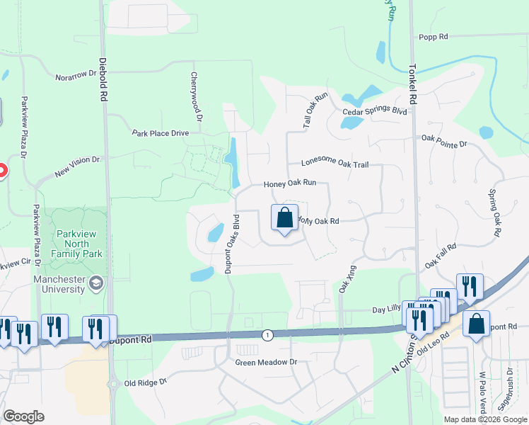 map of restaurants, bars, coffee shops, grocery stores, and more near 4822 Holly Oak Road in Fort Wayne
