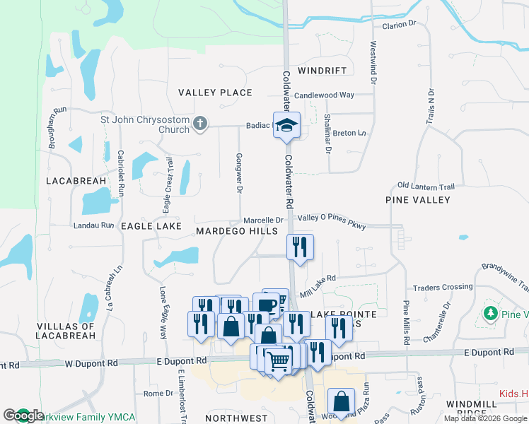 map of restaurants, bars, coffee shops, grocery stores, and more near 11215 Coldwater Road in Fort Wayne