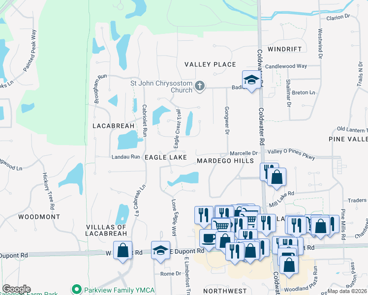 map of restaurants, bars, coffee shops, grocery stores, and more near 301-599 Troon Way in Fort Wayne