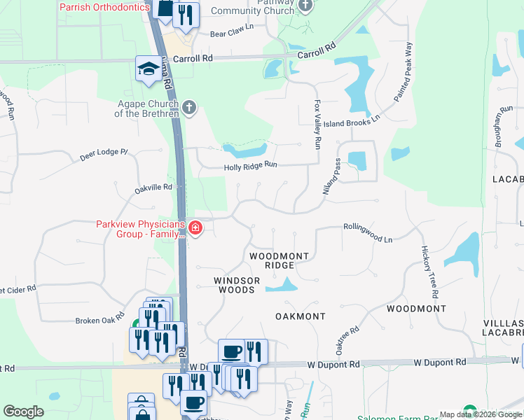 map of restaurants, bars, coffee shops, grocery stores, and more near 11305 Cresskill Court in Fort Wayne