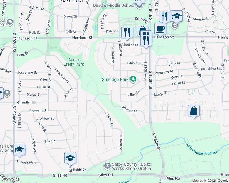 map of restaurants, bars, coffee shops, grocery stores, and more near 7338 South 183rd Street in Omaha