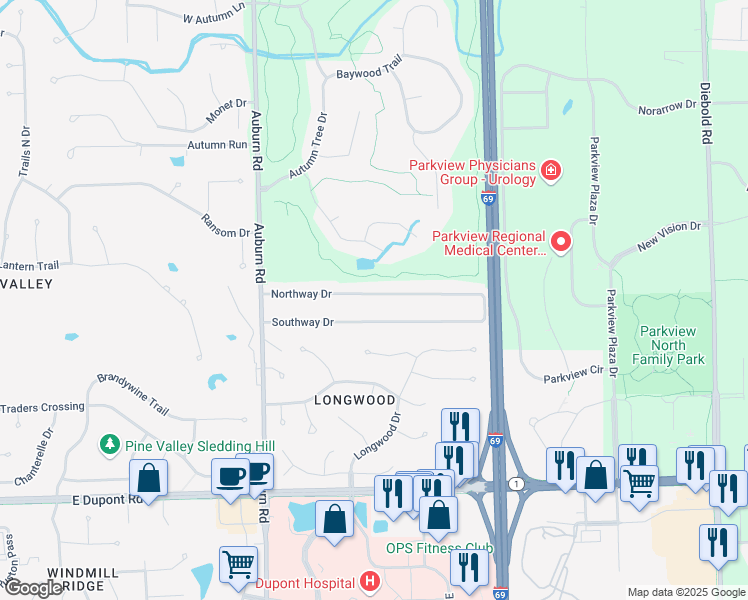 map of restaurants, bars, coffee shops, grocery stores, and more near 2616 Northway Drive in Fort Wayne