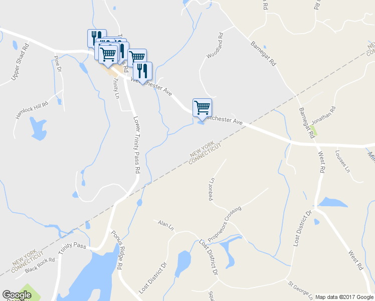 map of restaurants, bars, coffee shops, grocery stores, and more near 40 Lower Trinity Pass Road in Pound Ridge