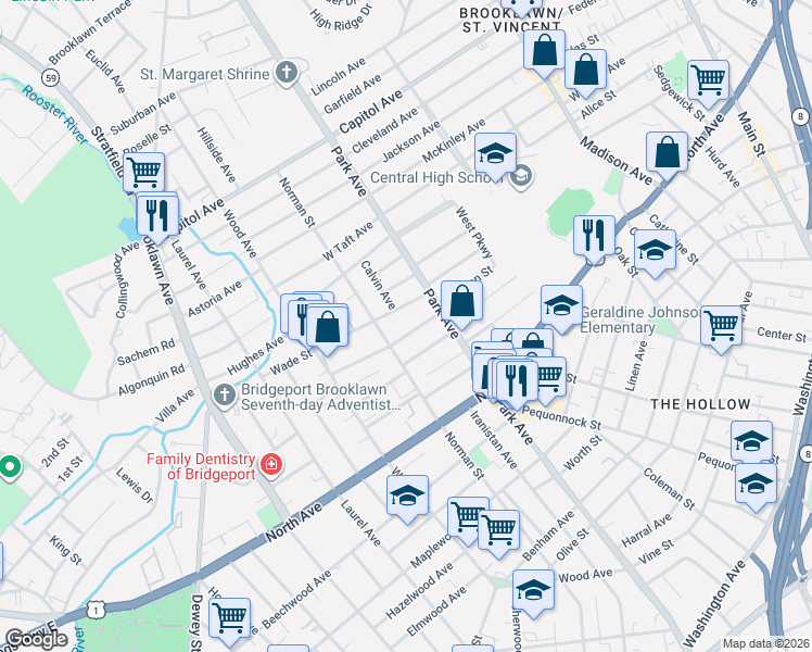 map of restaurants, bars, coffee shops, grocery stores, and more near 66 Wade Street in Bridgeport