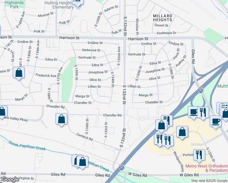 map of restaurants, bars, coffee shops, grocery stores, and more near 13402 Lillian Street in Omaha