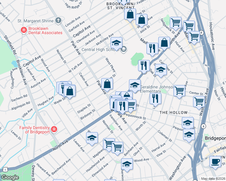 map of restaurants, bars, coffee shops, grocery stores, and more near 140 Lorraine Street in Bridgeport