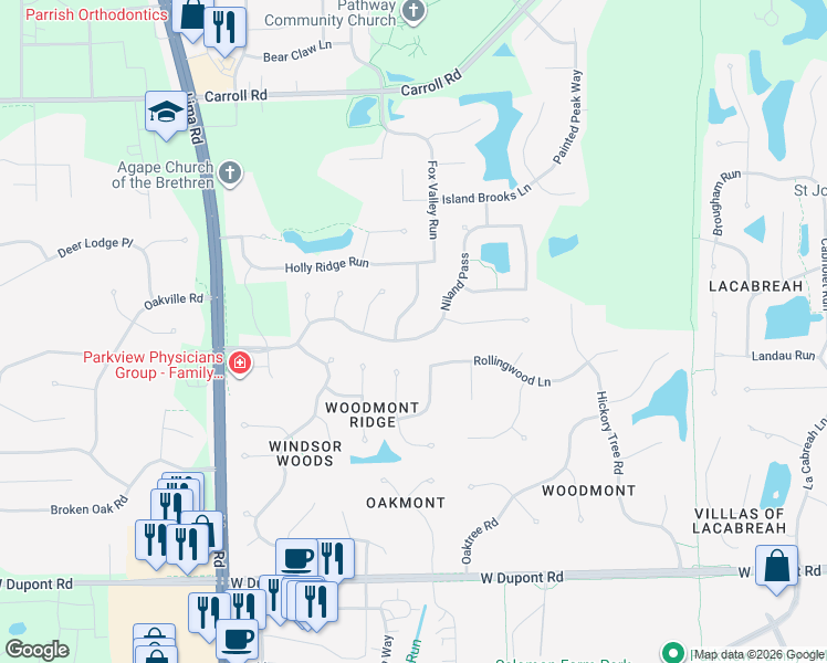 map of restaurants, bars, coffee shops, grocery stores, and more near 11303 Niland Pass in Fort Wayne