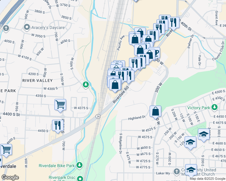 map of restaurants, bars, coffee shops, grocery stores, and more near 4287 Riverdale Road in Riverdale