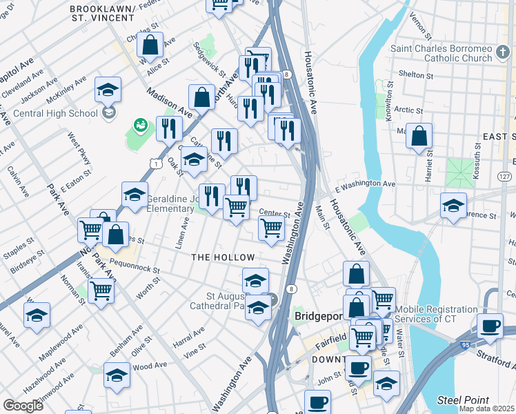 map of restaurants, bars, coffee shops, grocery stores, and more near 155 Catherine Street in Bridgeport