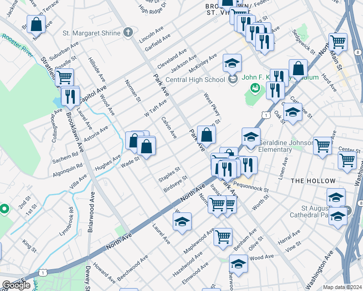 map of restaurants, bars, coffee shops, grocery stores, and more near 66 Wade Street in Bridgeport