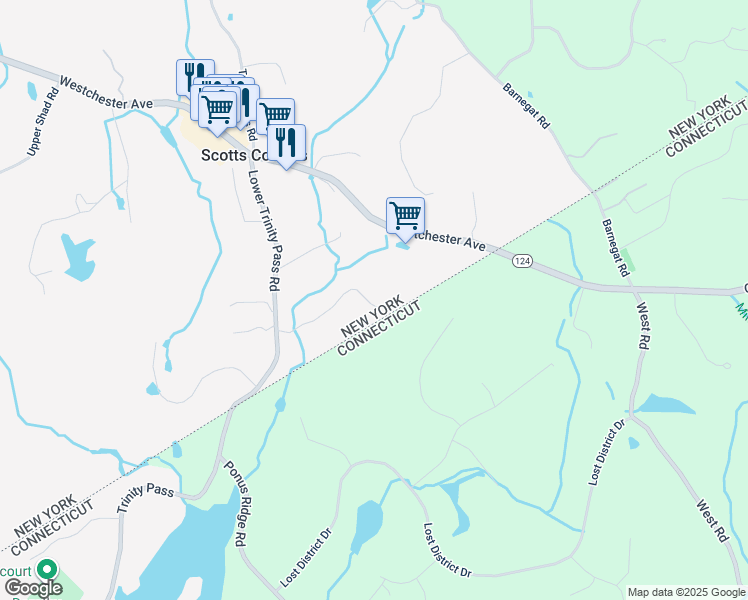map of restaurants, bars, coffee shops, grocery stores, and more near 40 Lower Trinity Pass Road in Pound Ridge