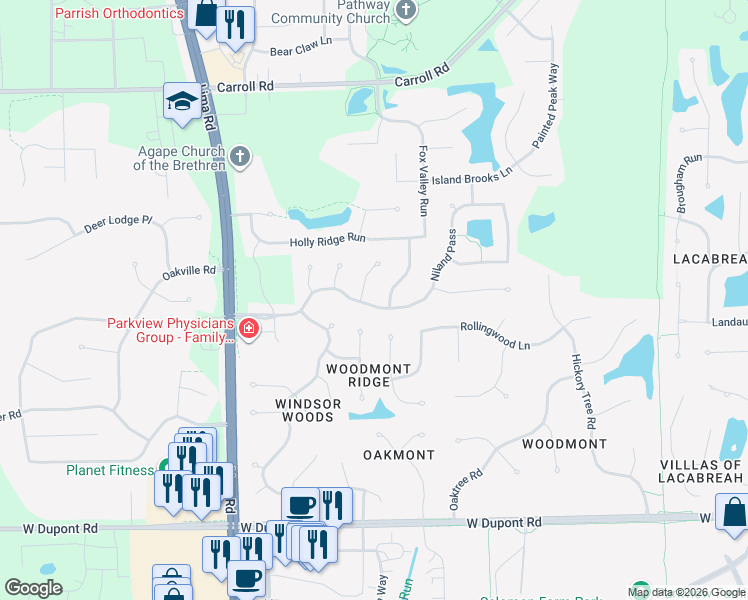 map of restaurants, bars, coffee shops, grocery stores, and more near 11309 Clarendon Pass in Fort Wayne