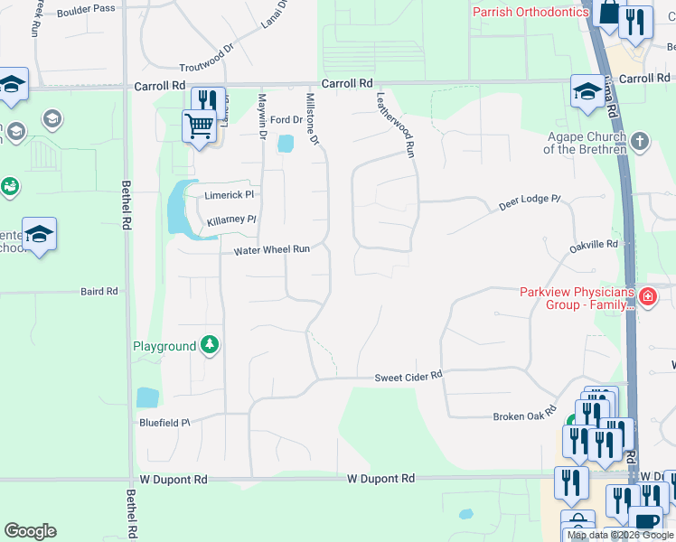 map of restaurants, bars, coffee shops, grocery stores, and more near 2809 Water Wheel Run in Fort Wayne