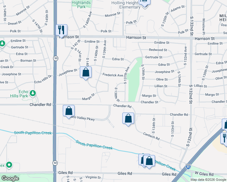 map of restaurants, bars, coffee shops, grocery stores, and more near 13736 Lillian Circle in Omaha
