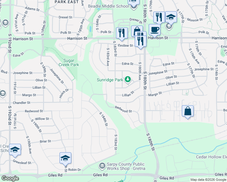 map of restaurants, bars, coffee shops, grocery stores, and more near 7338 South 183rd Street in Omaha