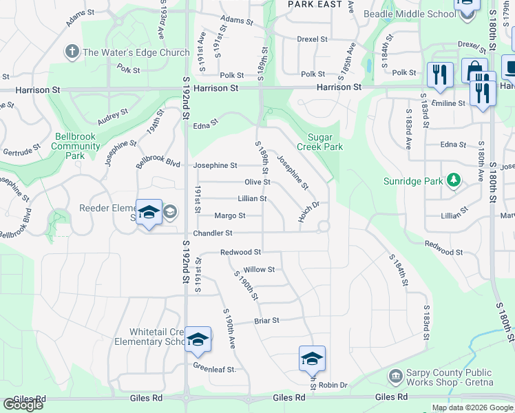 map of restaurants, bars, coffee shops, grocery stores, and more near 18906 Lillian Street in Omaha