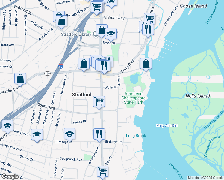 map of restaurants, bars, coffee shops, grocery stores, and more near 15 Lindsley Place in Stratford