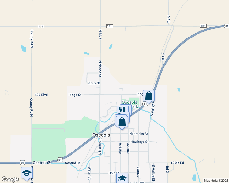 map of restaurants, bars, coffee shops, grocery stores, and more near 610 Ridge Street in Osceola