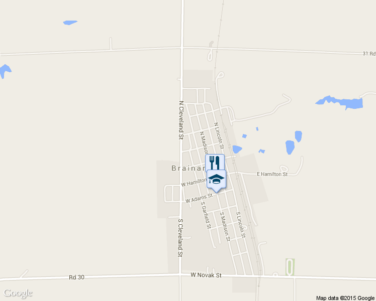 map of restaurants, bars, coffee shops, grocery stores, and more near 116 West Jefferson Street in Brainard