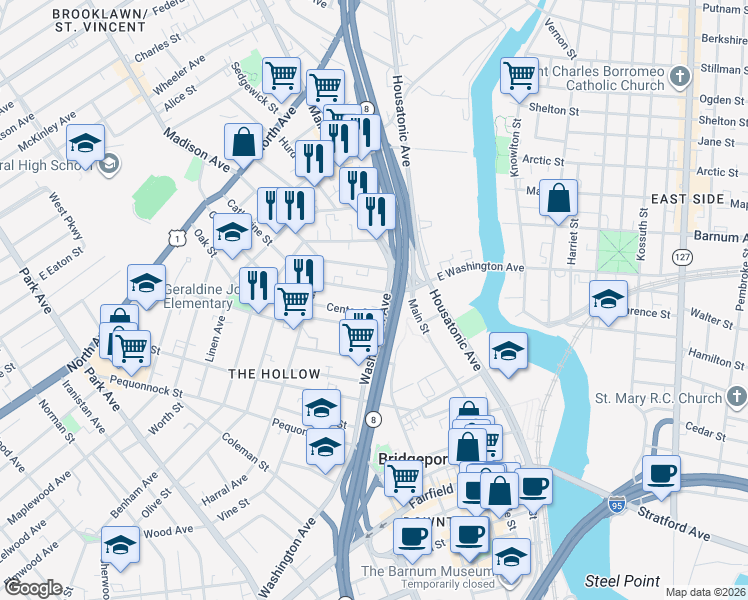 map of restaurants, bars, coffee shops, grocery stores, and more near 797 East Washington Avenue in Bridgeport