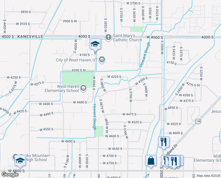 map of restaurants, bars, coffee shops, grocery stores, and more near 3808 West 4300 South in West Haven