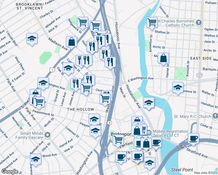 map of restaurants, bars, coffee shops, grocery stores, and more near 797 East Washington Avenue in Bridgeport
